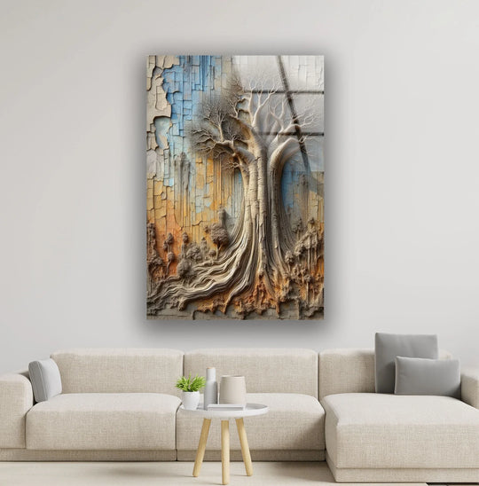 Brown old tree glass wall art with textured edges and borders in earthy tones and abstract blue sky.