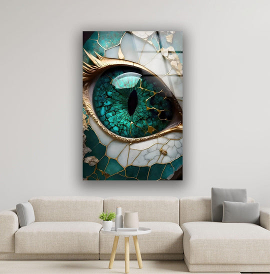 Abstract marble green eye hanging wall art featuring intricate cracks and golden veins.