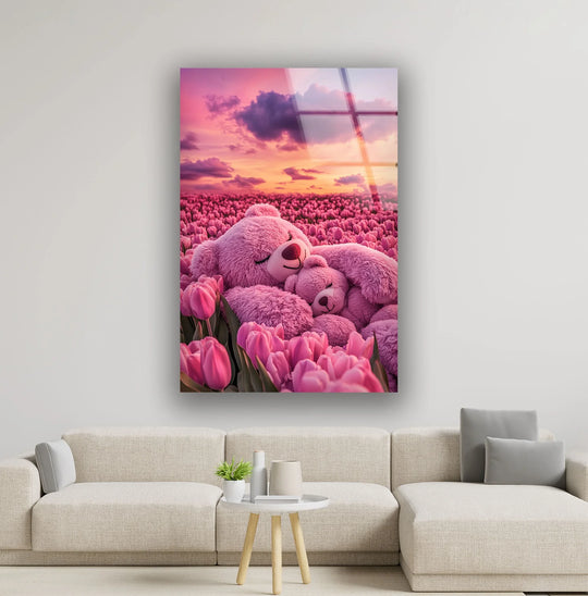 The brightest area of the pink bears & flowers glass wall art features a soft sunset glow illuminating the dreamy sky.