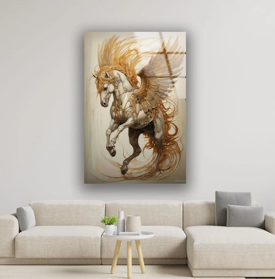 Animal glass wall art brown winged horse motif and majestic decor with horse art detail and tempered finish glass effect