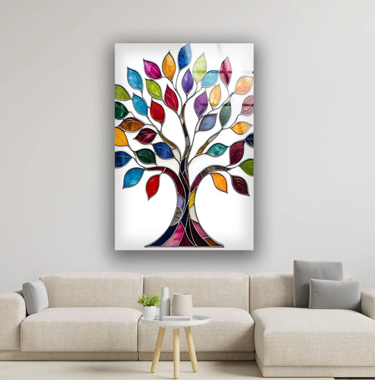 A vibrant stained glass tree of life artwork stands out against expansive white negative space.