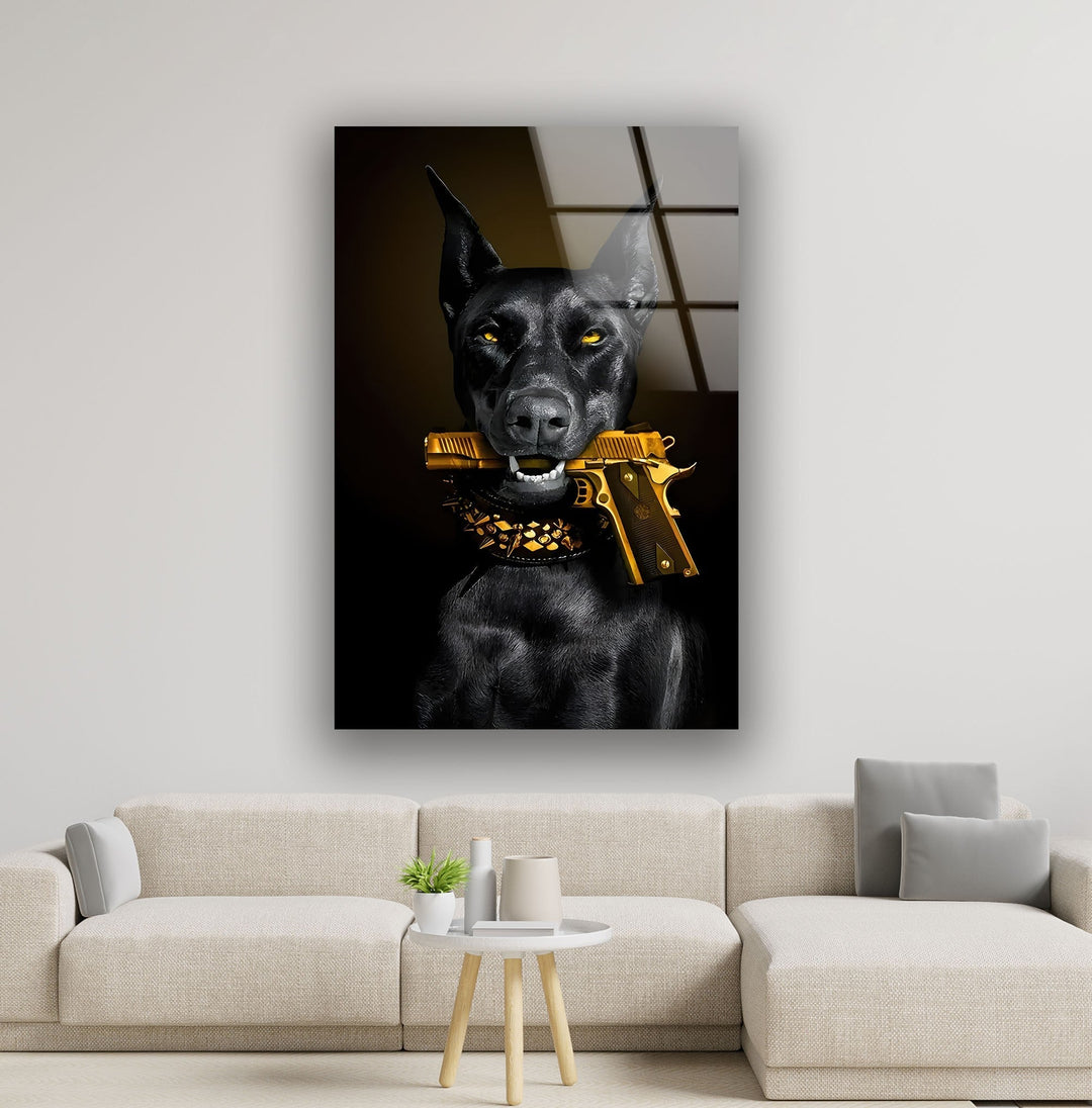 Doberman with Golden Gun Glass Wall Art glass art painting, glass art for the Wall
