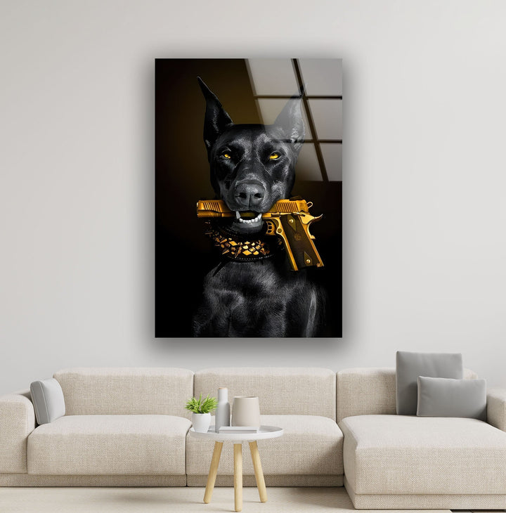 Doberman with Golden Gun Glass Wall Art glass art painting, glass art for the Wall
