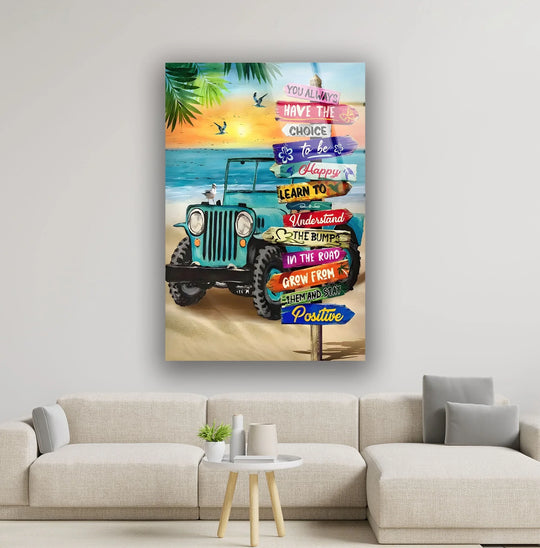 A soft, tranquil beach scene with a teal jeep and colorful directional signs adorns this serene glass wall artwork.