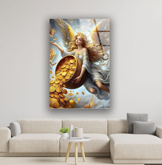 Golden light illuminates the flowing robes of a fairy as she spills coins from a bowl in this striking glass printing.