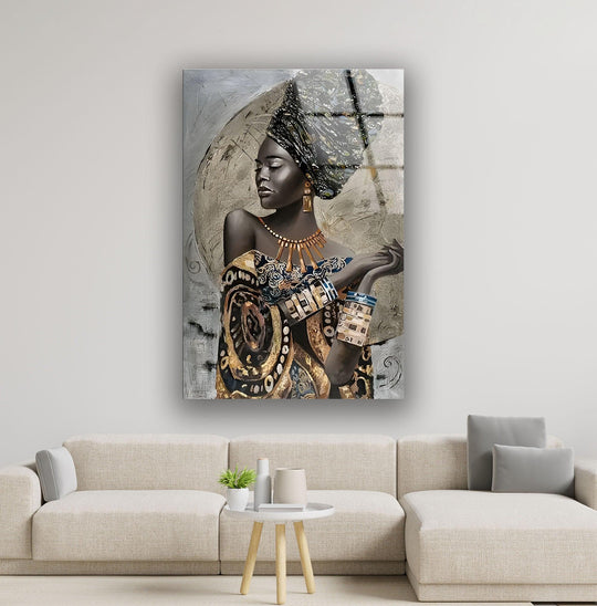 The striking visual rhythm of this African woman in a dress glass wall art creates an elegant home decor statement.