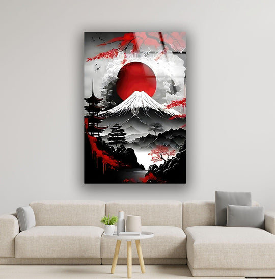 Illuminated by a radiant sun, this tempered glass wall art presents the iconic Mount Fuji and an elegant black and white Japanese landscape.