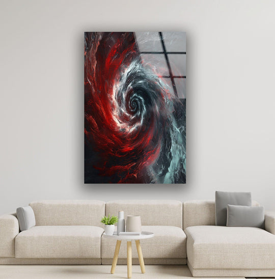 A vortex of red and cool blue light swirls in this abstract glass wall artwork.