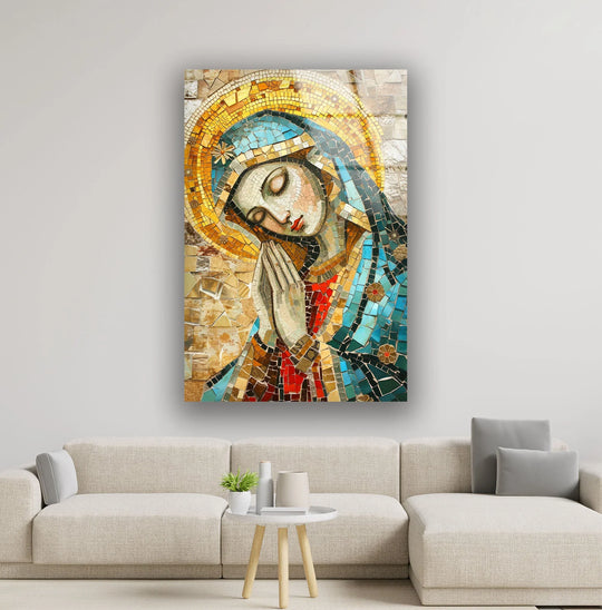 Focusing on the central praying figure, this decorative wall art showcases a mosaic-style rendering of Eve in glass wall art, radiating divine beauty with its intricate details.