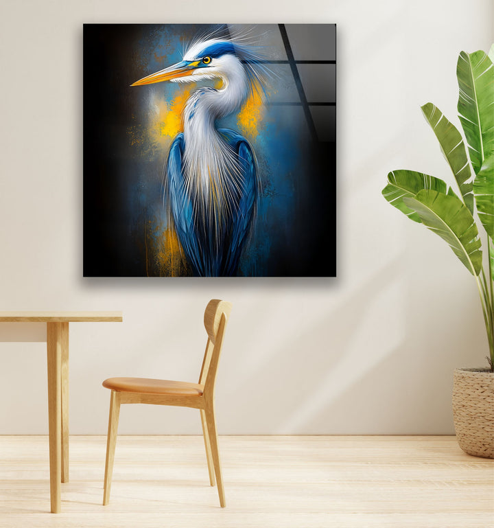 Electric Blue Heron – Auffallende Eleganz als Wanddekoration aus Glas