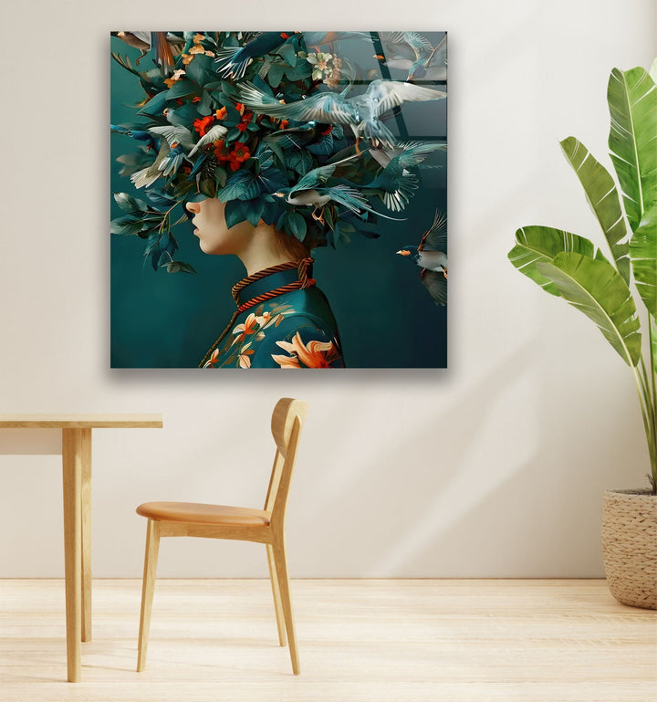 Bird Head Woman Glass Wall Art custom glass pictures, glass art prints
