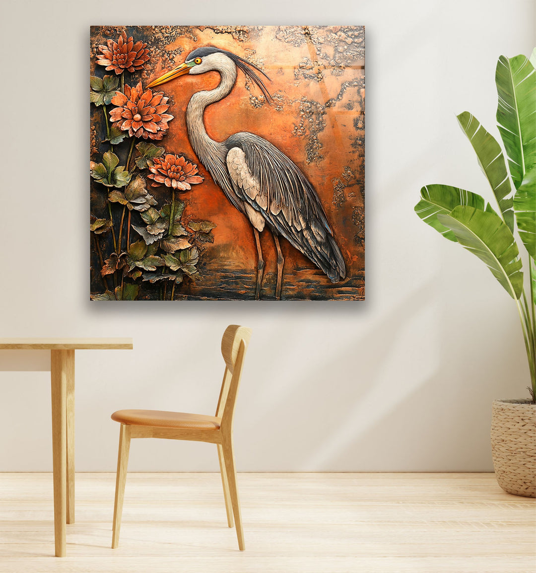 Bronzereiher mit Chrysanthemen – Strukturglas-Wandkunst
