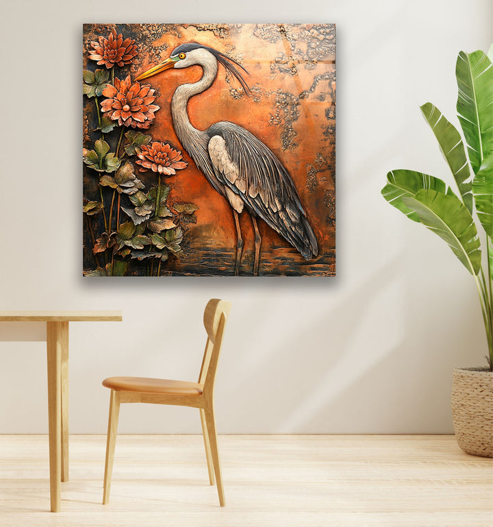 Bronzereiher mit Chrysanthemen – Strukturglas-Wandkunst