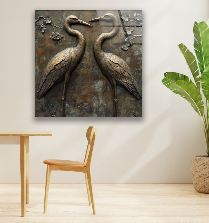 Eternal Pair – Bronze Crane Relief Glass Wall Art