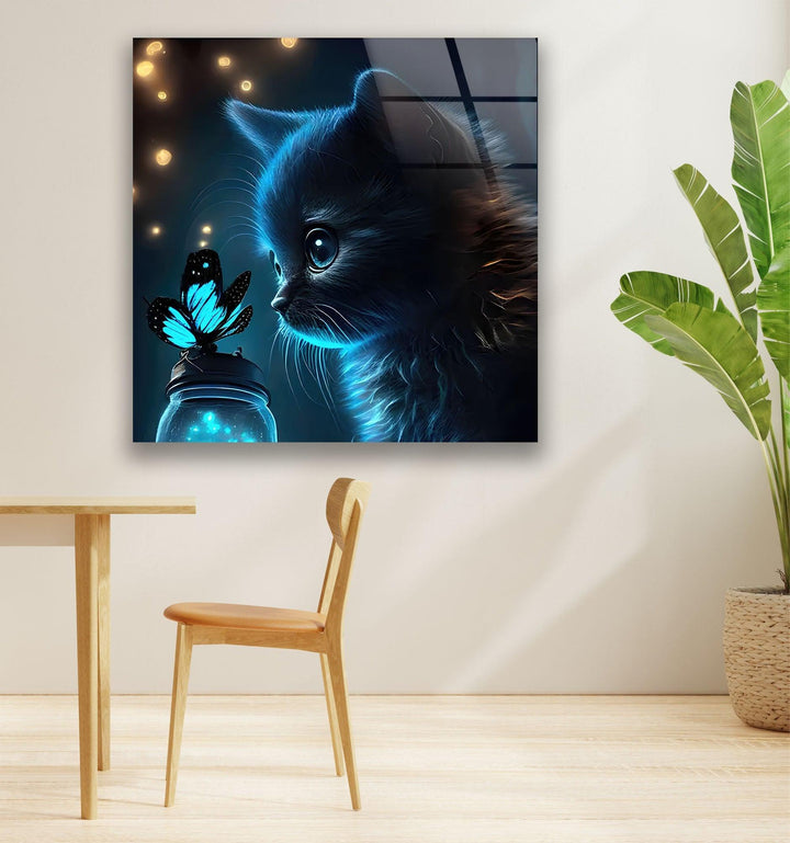 Butterfly & Cat Glass Wall Art picture on glass wall art, photos printed on glass
