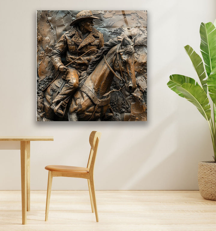 Man Riding a Horse Bronze Glass Wall Art glass photo prints, glass picture prints
