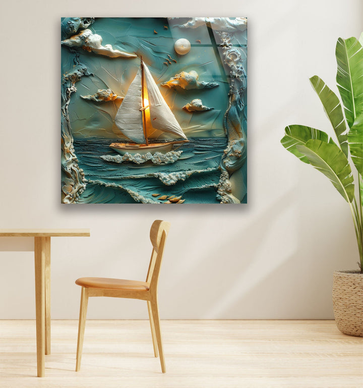 Boat & Sunset Landscape Clay Art Glass Wall Art glass art painting, glass art for the Wall
