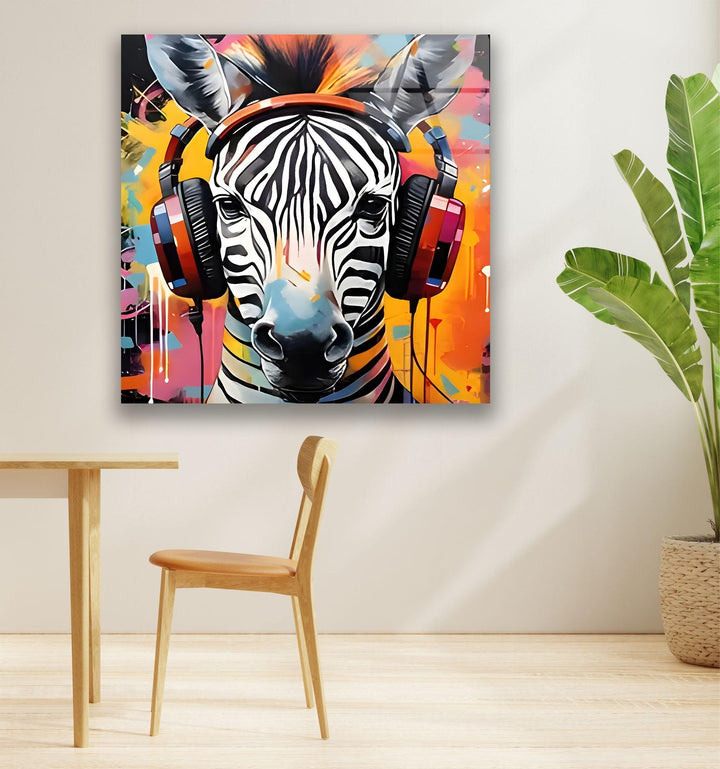 Zebra with Headphones Glass Wall Art custom glass photo prints, large glass prints
