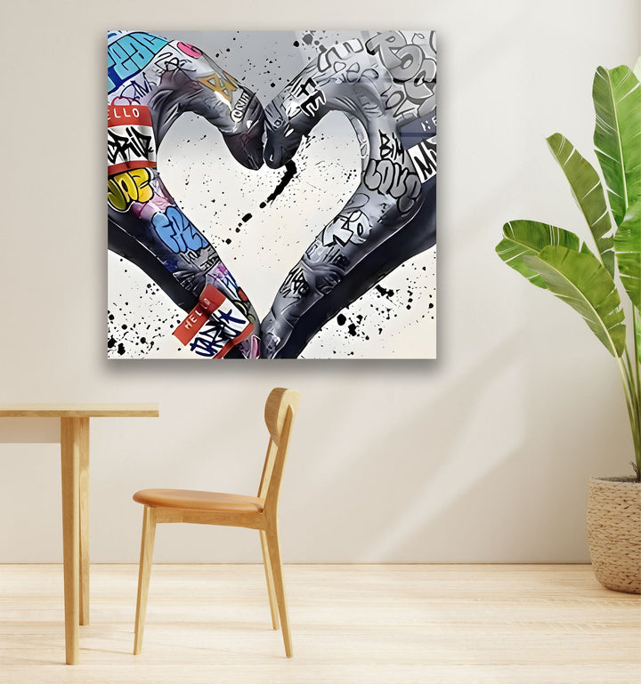 Graffiti Heart Black and White Glass Wall Art glass pictures for Wall, glass prints wall art
