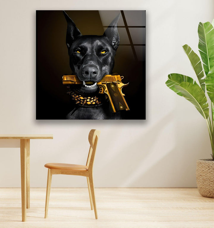 Doberman with Golden Gun Glass Wall Art photo print on glass, prints on glass wall art
