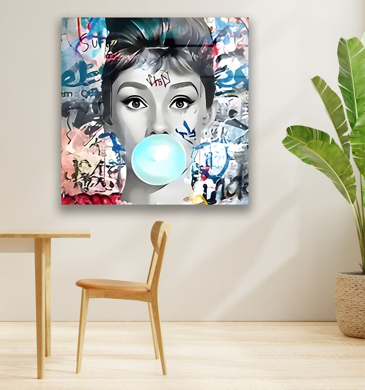 Pop Art Woman With Gum Glass Wall Art glass art painting, glass art for the Wall
