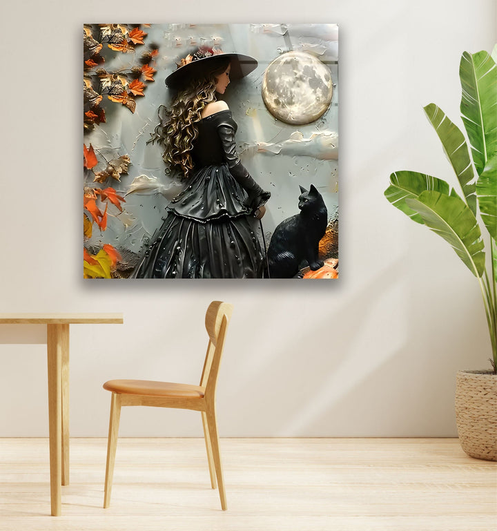Black Princess & Cat Glass Wall Art picture on glass wall art, photos printed on glass
