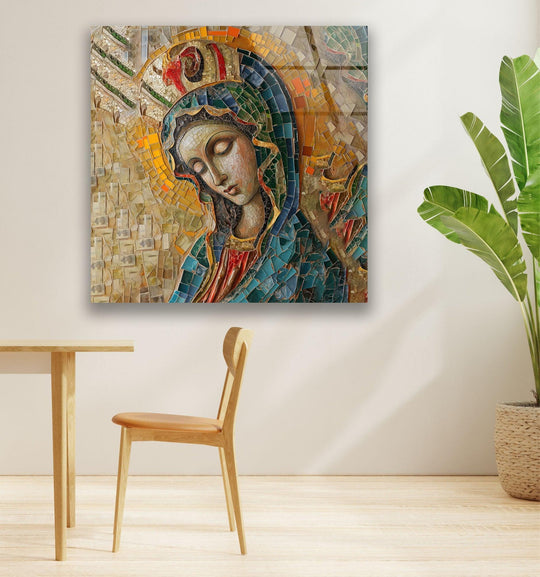 Religion glass wall art of Saint Maria mosaic and Christian wall art with 8k UV printing is Christian glass art for stunning wall decor