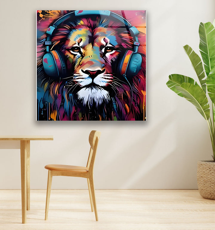 Lion with Headphones Glass Wall Art stained glass wall art, stained glass wall decor
