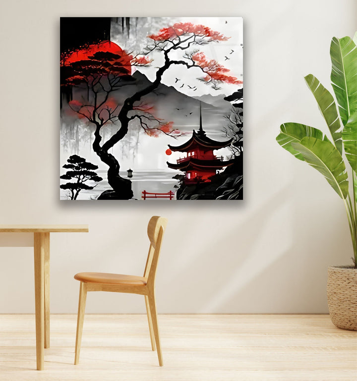 Red Moon Japan Art Glass Wall Art glass art painting, glass art for the Wall
