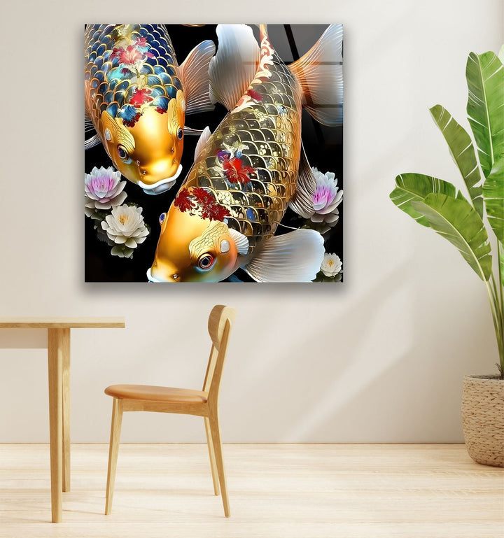 Golden Koi Fishes & Flower Glass Wall Art glass pictures for Wall, glass prints wall art
