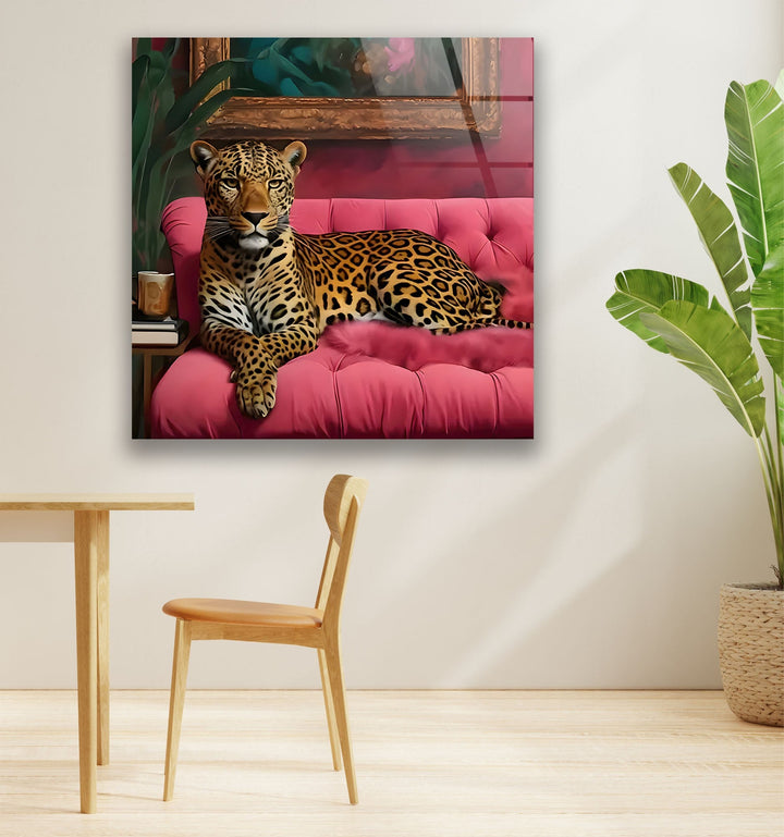 Leopar Sitting on Pink Seat Glass Wall Art print picture on glass, Tempered Glass Wall Art
