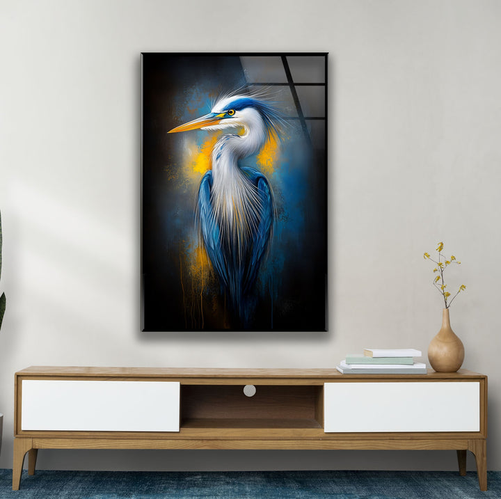 Electric Blue Heron – Auffallende Eleganz als Wanddekoration aus Glas