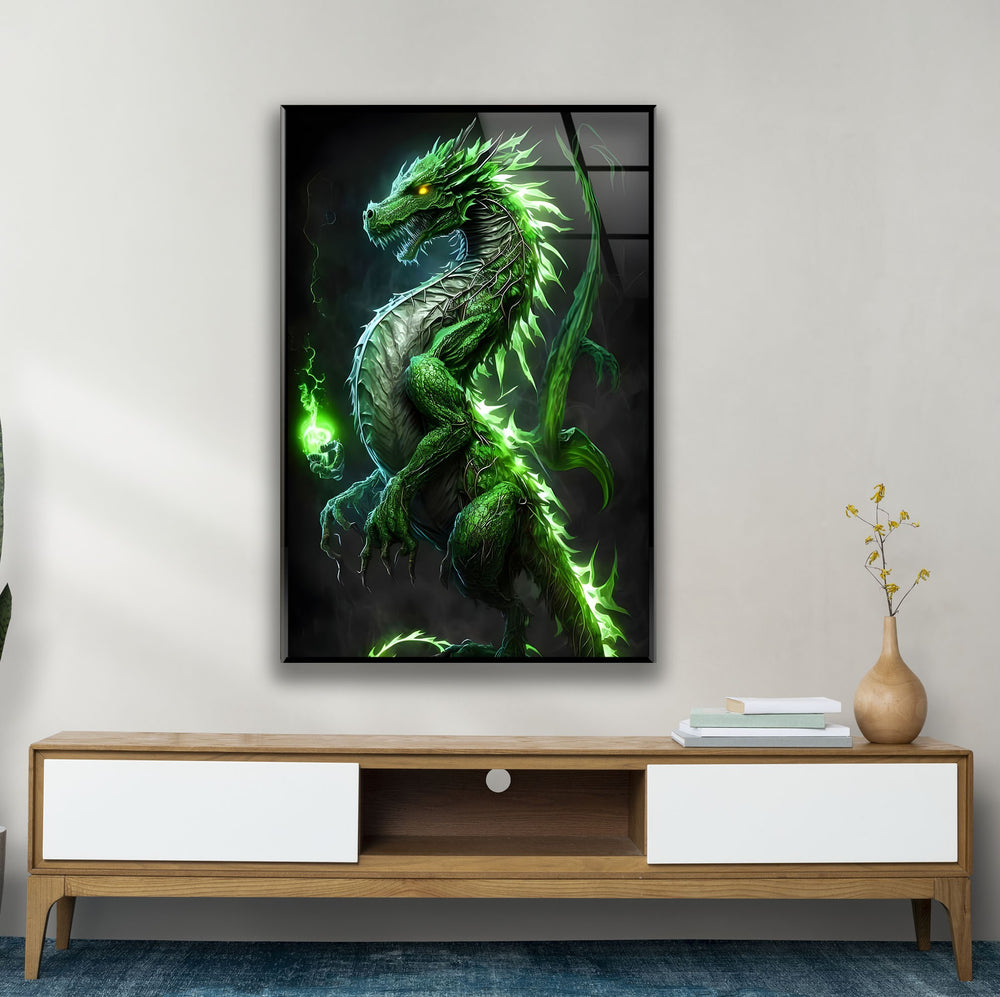 Majestic green dragon with glowing scales, radiating magical and fiery power.

