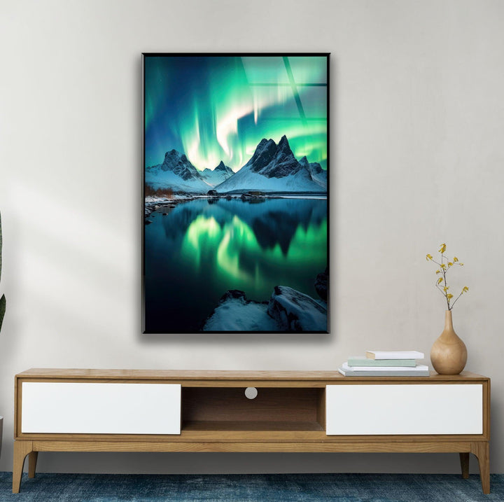 Green Abstract Aurora Borealis Glass Wall Art photo print on glass, prints on glass wall art
