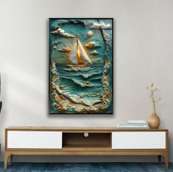Boat & Sunset Landscape Clay Art Glass Wall Art stained glass wall art, stained glass wall decor
