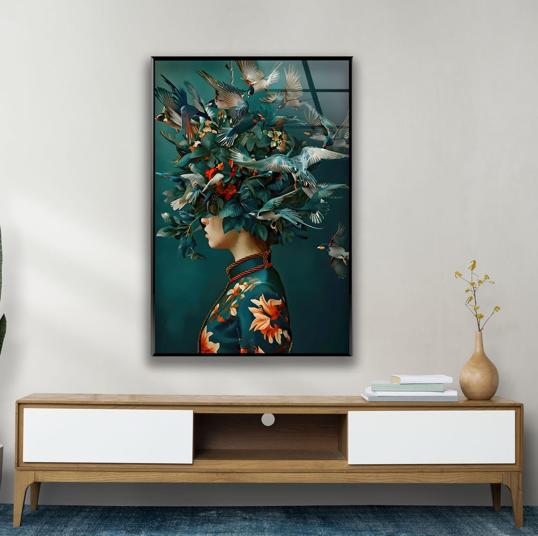 Bird Head Woman Glass Wall Art glass pictures for Wall, glass prints wall art
