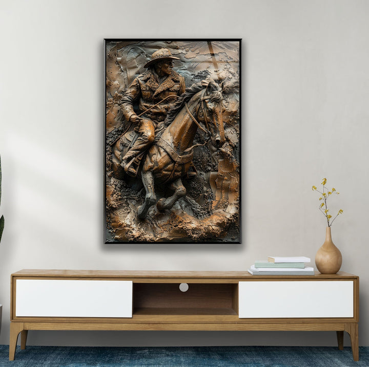 Man Riding a Horse Bronze Glass Wall Art Glass Printing Wall Art, Print photos on glass
