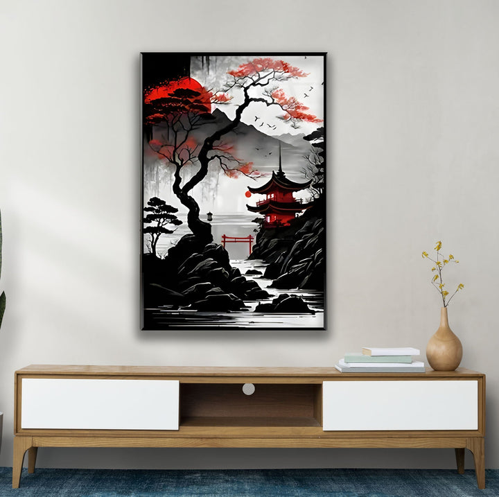 Red Moon Japan Art Glass Wall Art stained glass wall art, stained glass wall decor
