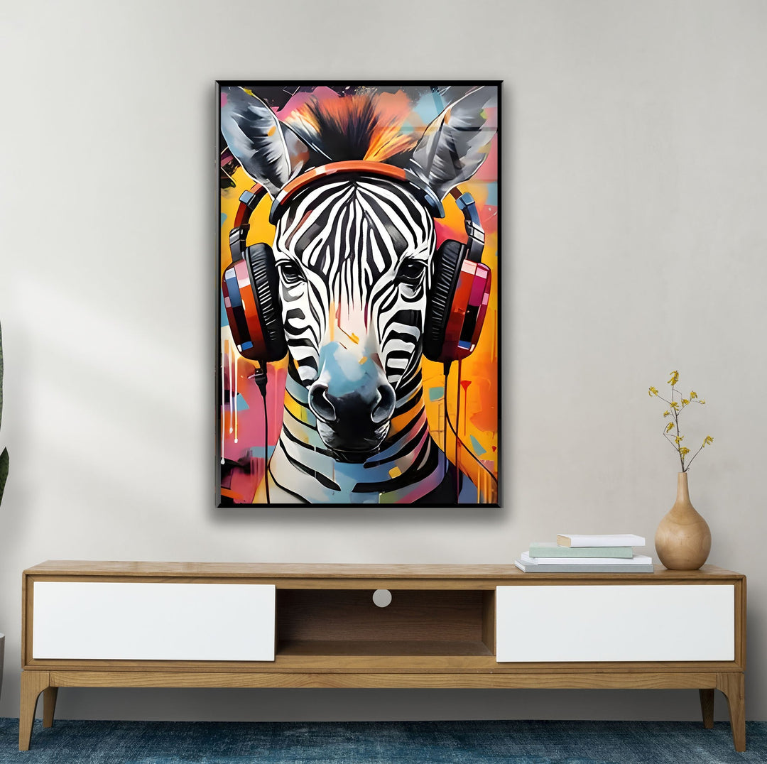 Zebra with Headphones Glass Wall Art large glass photo prints, glass wall photos
