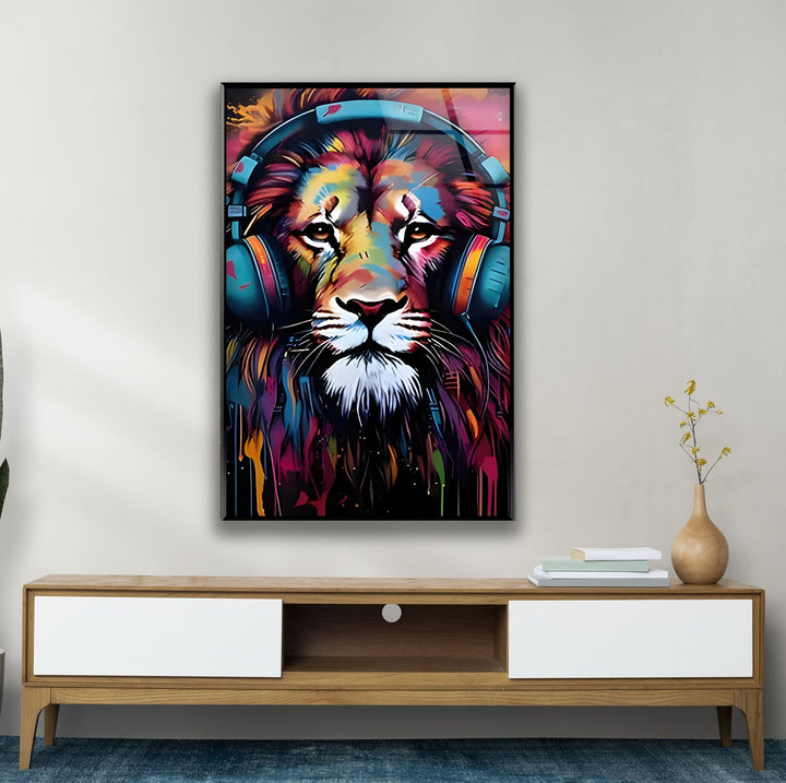 Lion with Headphones Glass Wall Art glass wall decor, glass wall art decor

