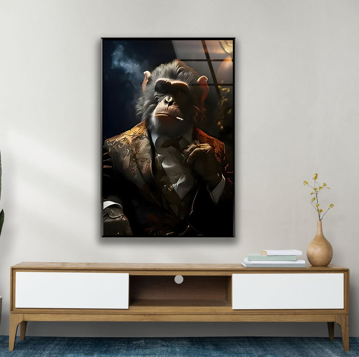 Monkey Smoking Glass Wall Art photo print on glass, prints on glass wall art
