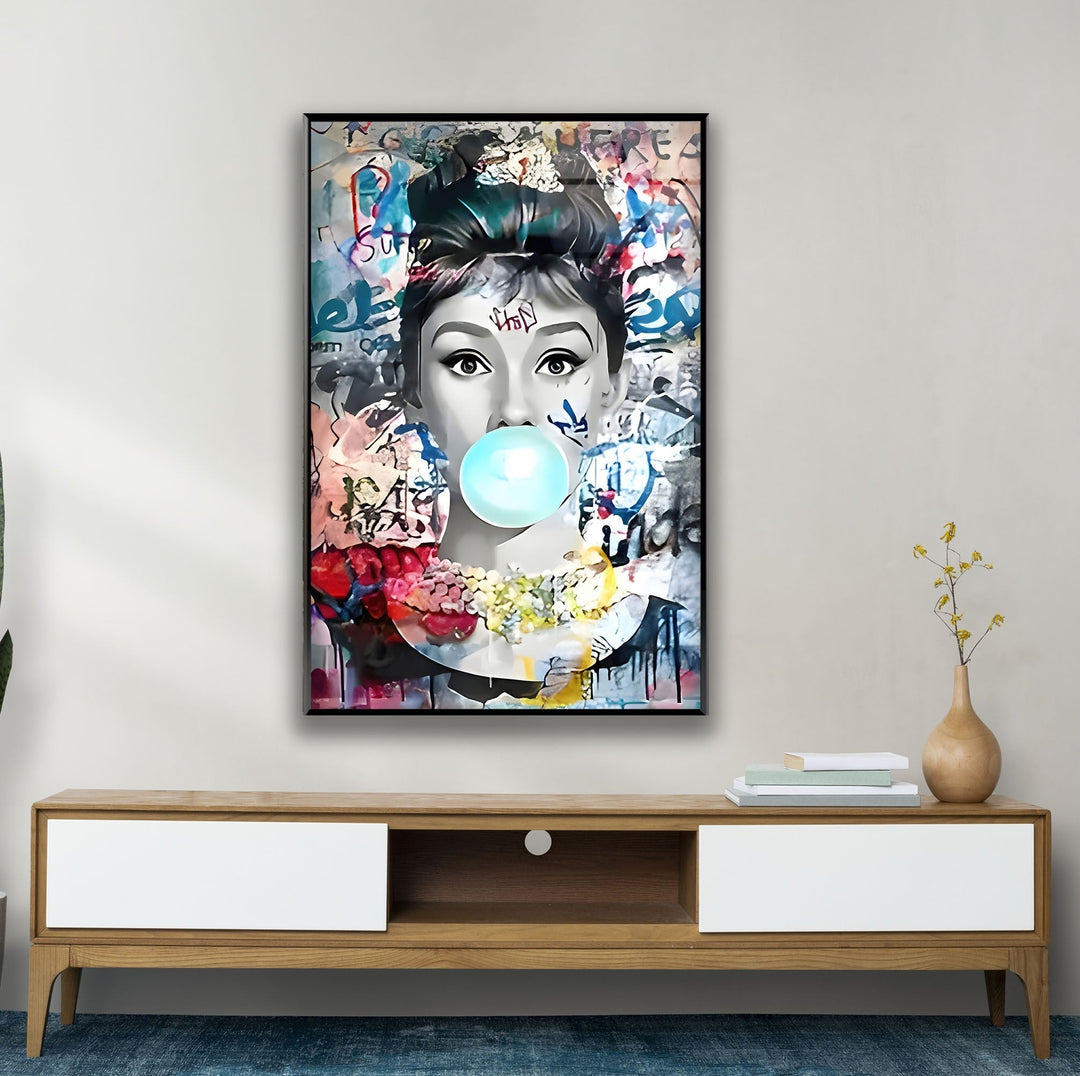 Pop Art Woman With Gum Glass Wall Art stained glass wall art, stained glass wall decor
