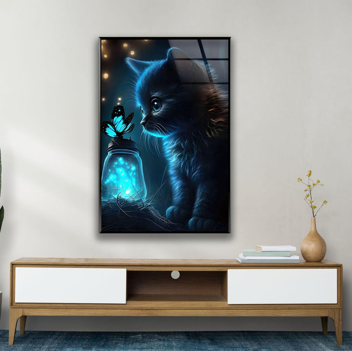 Butterfly & Cat Glass Wall Art custom glass photo prints, large glass prints
