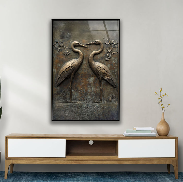Eternal Pair – Bronze Crane Relief Glass Wall Art
