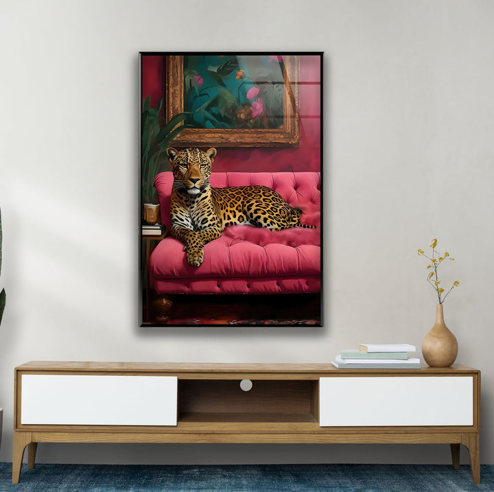 Leopar Sitting on Pink Seat Glass Wall Art print on glass, glass printed photos

