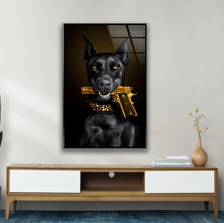 Doberman with Golden Gun Glass Wall Art custom glass pictures, glass art prints
