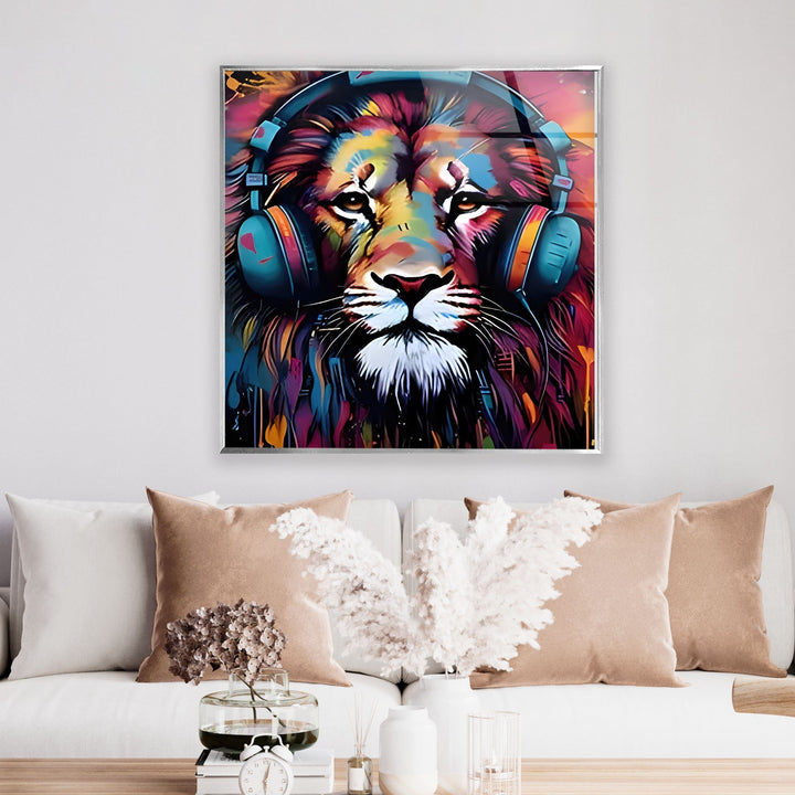 Lion with Headphones Glass Wall Art glass pictures for Wall, glass prints wall art
