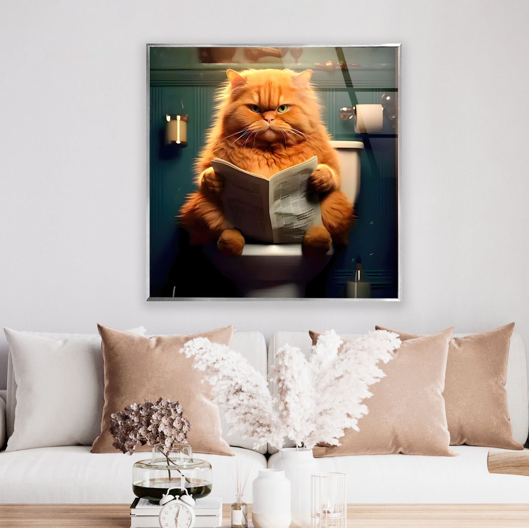 Orange Cat Reading Glass Wall Art glass pictures for Wall, glass prints wall art
