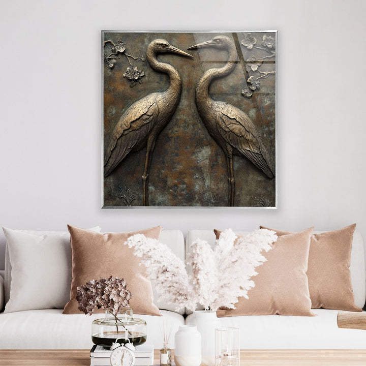 Eternal Pair – Bronze Crane Relief Glass Wall Art