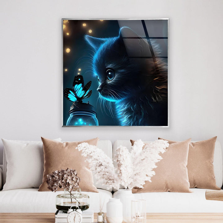 Butterfly & Cat Glass Wall Art large glass photo prints, glass wall photos

